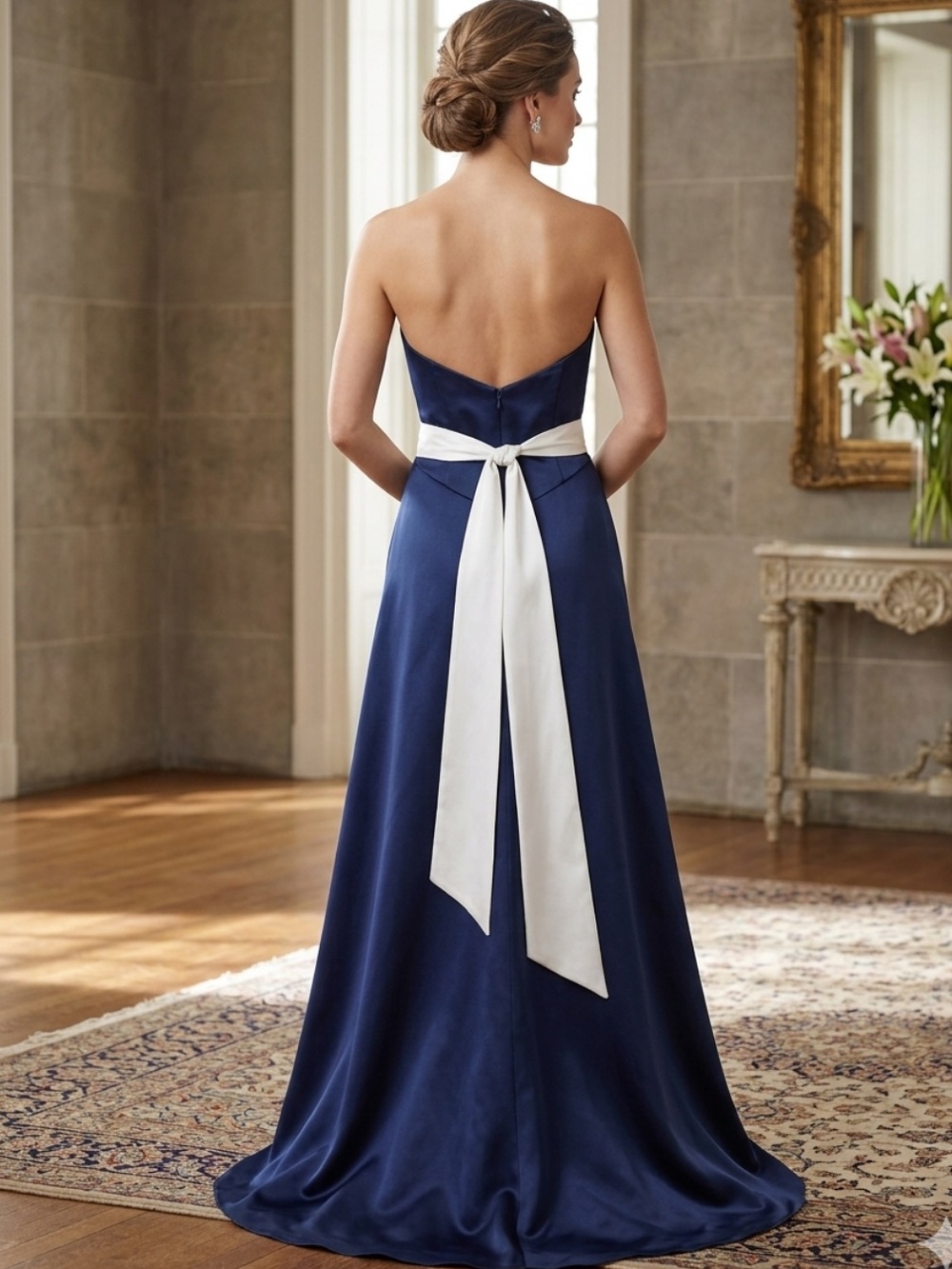 Belsoie Strapless Navy and White Satin Evening Gown Size 10